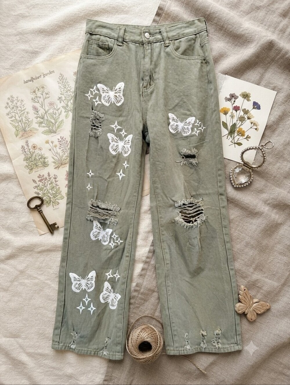 Green Butterfly Print Distresed Straight Leg Jeans